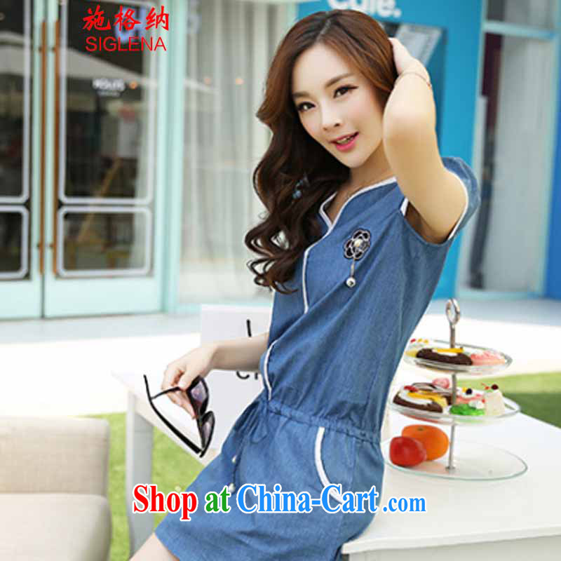 Rate the 2015 summer load new Korean version thick MM XL female beauty half sleeve, denim dress female double-yi skirt leisure 5190 deep blue denim XXL, grid (SIGLENA), on-line shopping