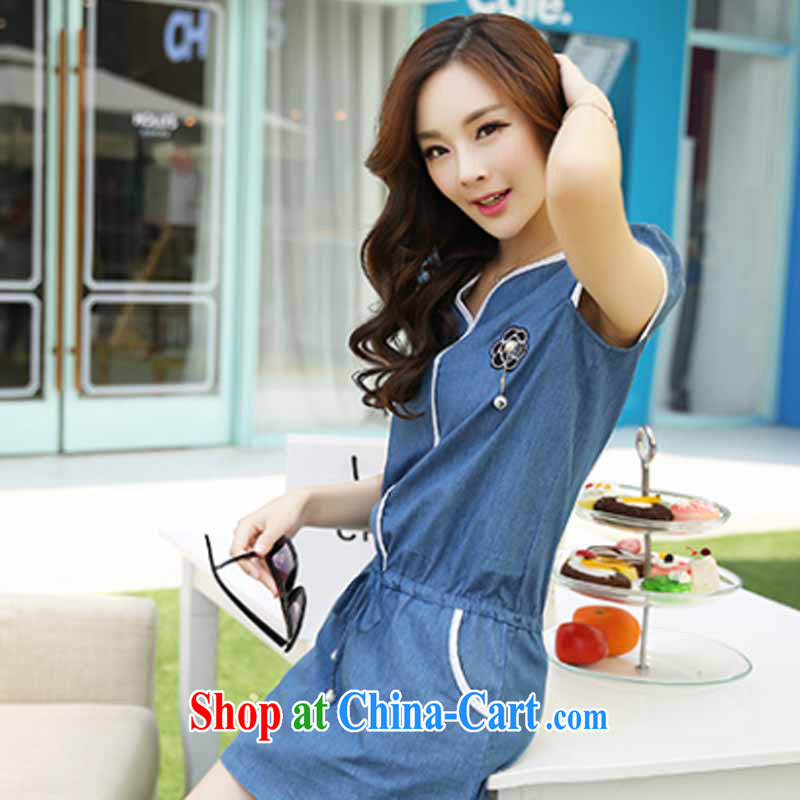 Rate the 2015 summer load new Korean version thick MM XL female beauty half sleeve, denim dress female double-yi skirt leisure 5190 deep blue denim XXL, grid (SIGLENA), on-line shopping