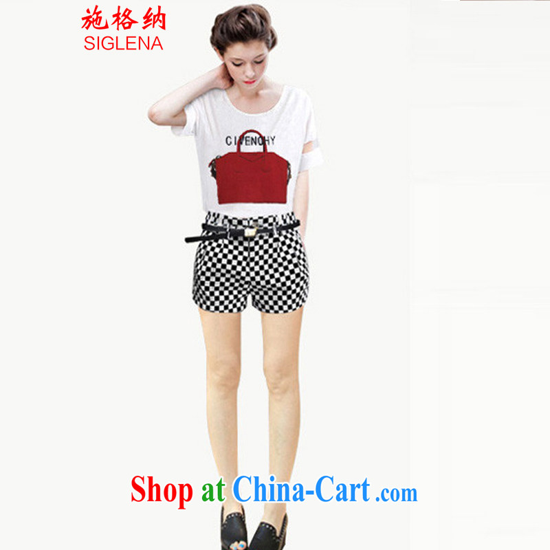 Shih, 2014 new Europe and indeed the XL thick MM female flexible snow woven short-sleeved T shirt + black-and-white, shorts and Leisure package Women 1068 XXXL, grid (SIGLENA), shopping on the Internet
