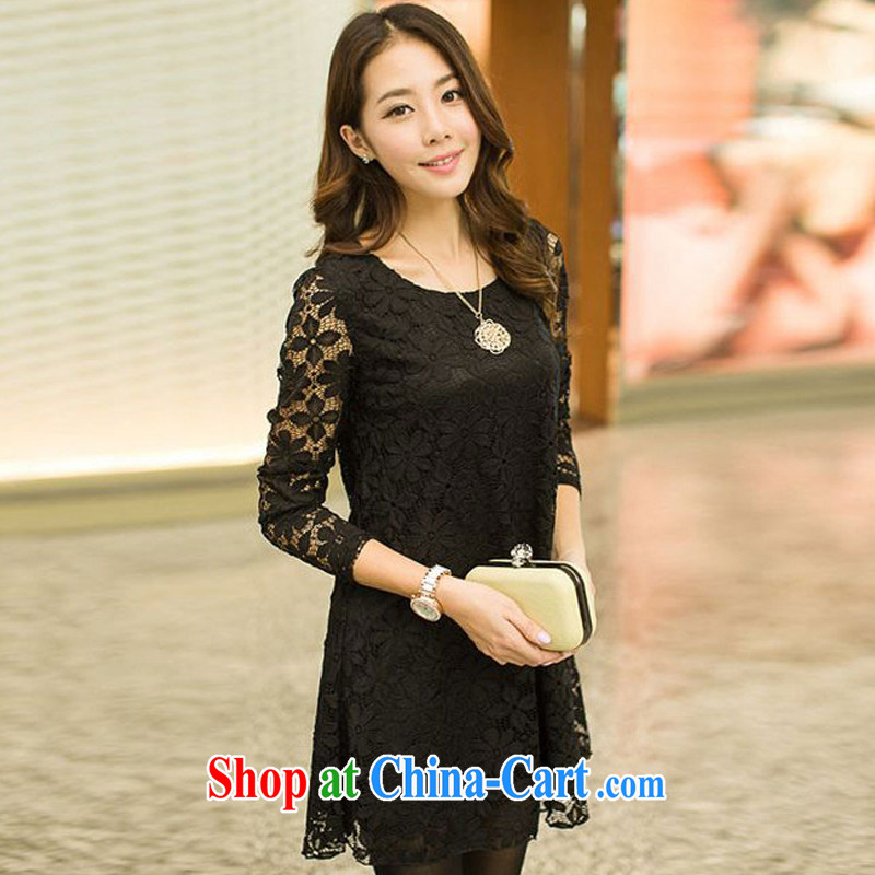 Platinum sign wave (PTLONG) the code female Korean lace long-sleeved round-collar spring, dress mm thick and fat XL skirts black XXXXL, platinum sign wave (PTLONG), shopping on the Internet