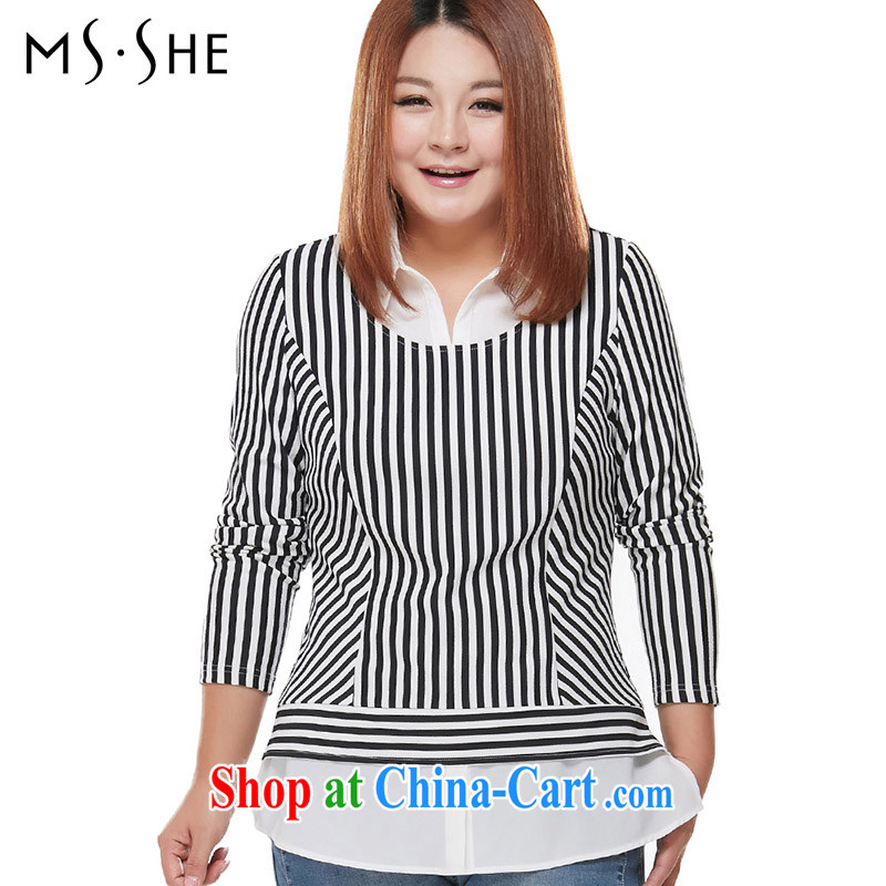 MsShe XL female 2015 stripes stitching leave two OL long-sleeved video thin stretch knitted T-shirt 7549 black-and-white 4XL