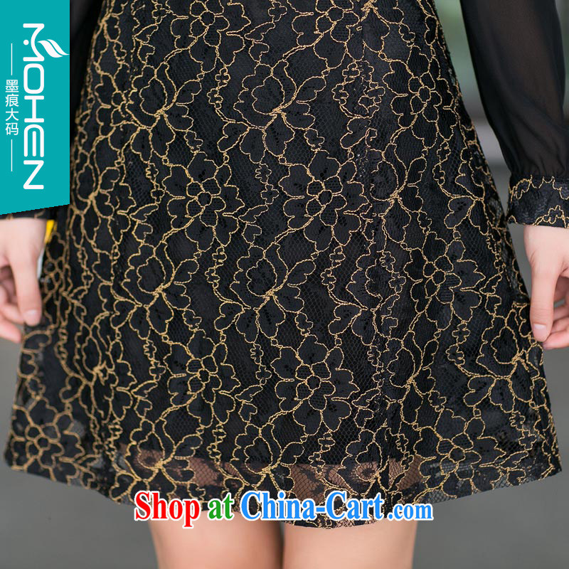 Scratches are present on the 2014 autumn King, new Korean fashion ladies' lace check take stitching snow woven long-sleeved A field dresses simple mm thick lace skirt black XXXL, ink marks, shopping on the Internet