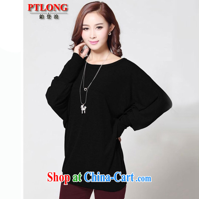 Platinum sign wave (PTLONG) larger female Korean autumn and winter, long-sleeved bat sleeves solid T-shirt, wearing a long-sleeved T-shirt black XXXXL, platinum sign wave (PTLONG), online shopping