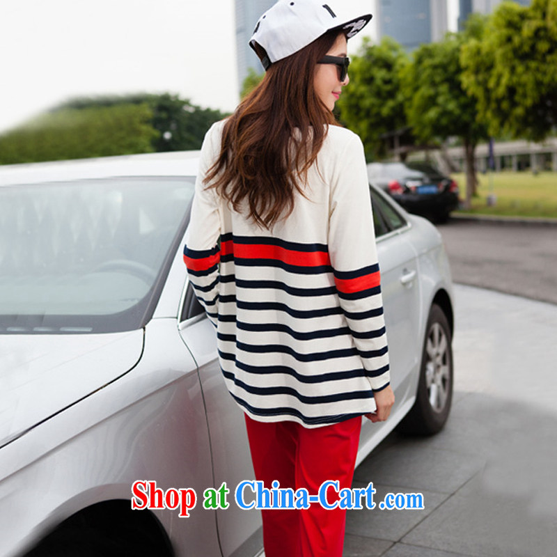 Speed T-shirt 2015 spring loaded the code female striped loose cotton long-sleeved two-piece sweater Kit female S 7831 red 4 XL, T-shirt, shopping on the Internet