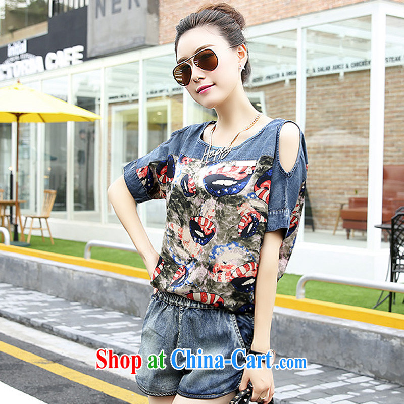 Ms Audrey EU's clothing summer 2015 new Korean loose the Code covered shoulders stamp snow woven stitching short, two-piece denim Leisure package wzy 2935 nozzle-shaped pattern XXL, Ms Audrey EU's clothing, and shopping on the Internet