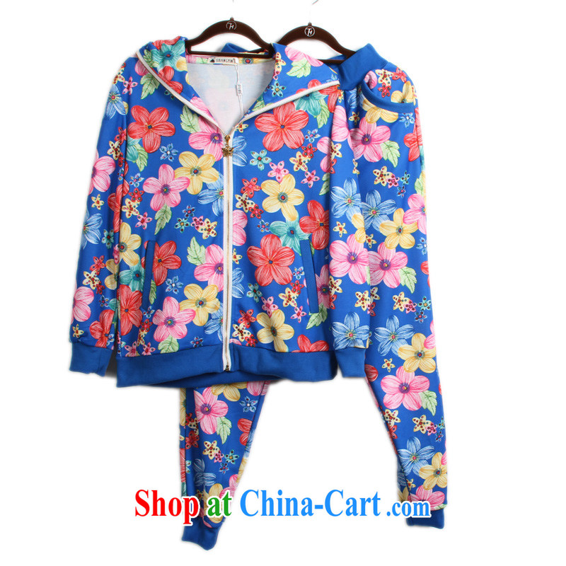 Yet the Addiction, female fat sister Choo loading new Korean version graphics thin large flower movement, clothing and leisure suite 769 blue L