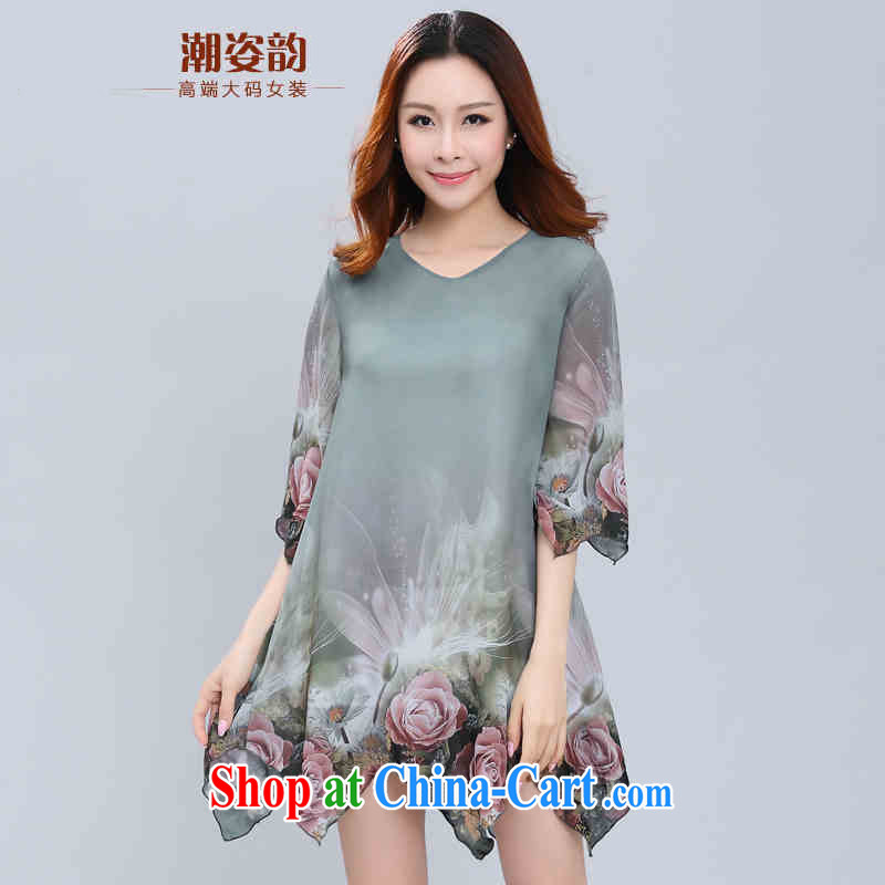 Standing wave following the Mother's Day indeed XL mother load 2015 summer new thick 3 mm D Stereo stamp duty, long loose video thin women dress green gray XXXXL