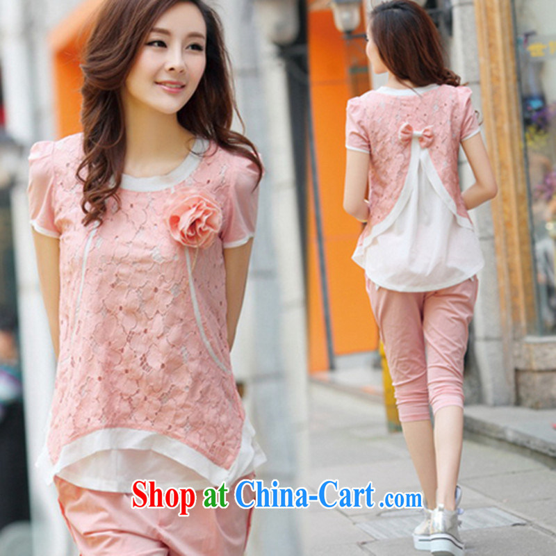Blue Fox summer new Korean American, casual stylish lace snow woven stitching with the Code 7 pants short-sleeved Kit pink L, blue Fox (Lancaihu), online shopping