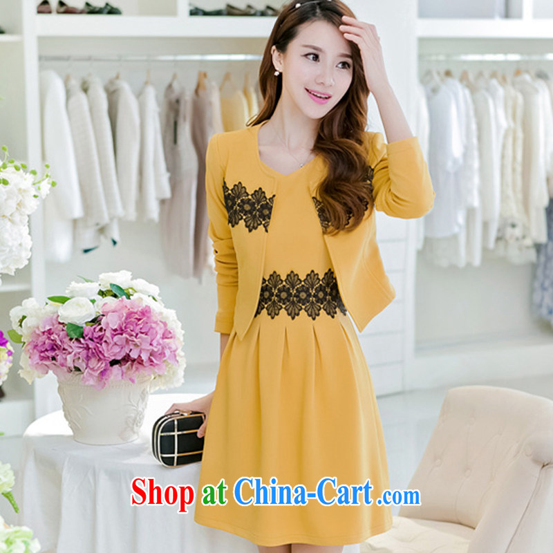 Day line and 2015 spring new stylish larger female OL elegance lace stitching jacket dress professional dress dress two-piece yellow XXL