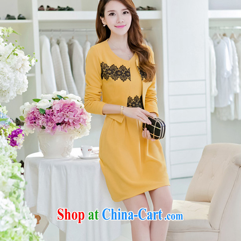 Day line and 2015 spring new stylish larger female OL elegance lace stitching jacket dress professional dress dress two-piece yellow XXL, line and (airtwo), and, on-line shopping