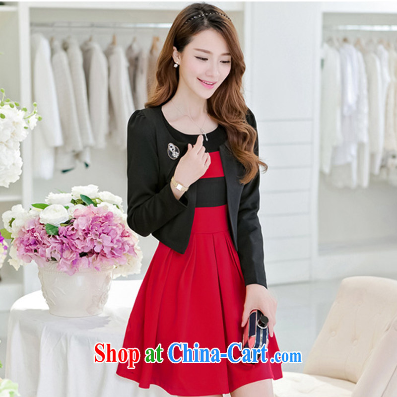 Day line and fall 2014 new stylish larger female decoration, graphics thin elegant small fragrant wind jacket dresses two piece set with chest flower red XXL
