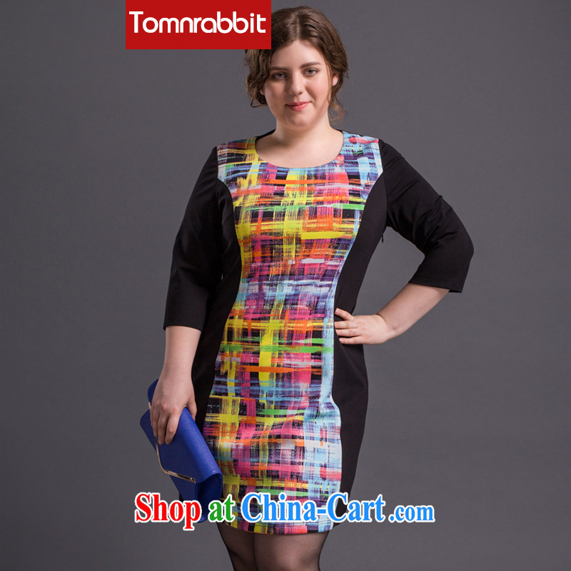 The Tomnrabbit code female dresses new spring 2015, European and American thick mm beauty graphics thin knocked color stitching further skirt black XL