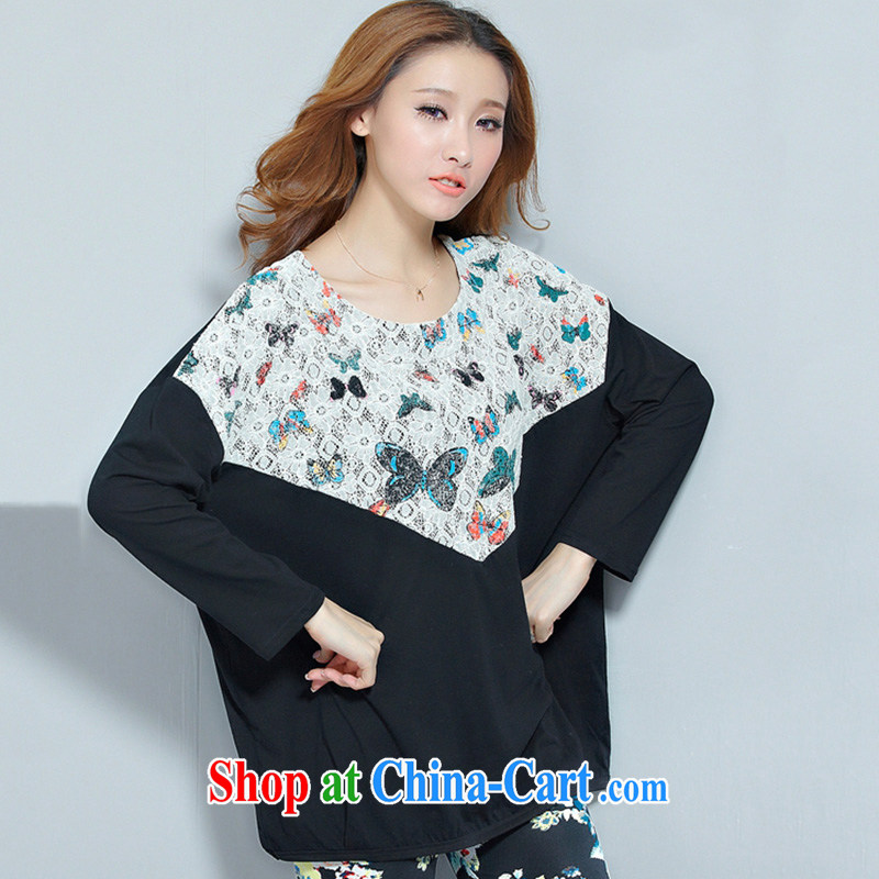 Spend $mirror spring 2015 new Korean cuff butterfly lace loose the code female long-sleeved T-shirt female black XXL, mirror (HUAJINGYUAN), online shopping