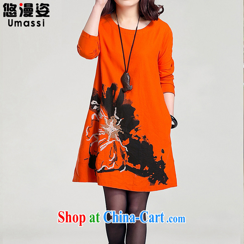 Singapore man standing 2015 new Korean version the code loose embroidered large flower basket the round-collar long-sleeved dresses 6966 _orange red XL 140 - 160 jack