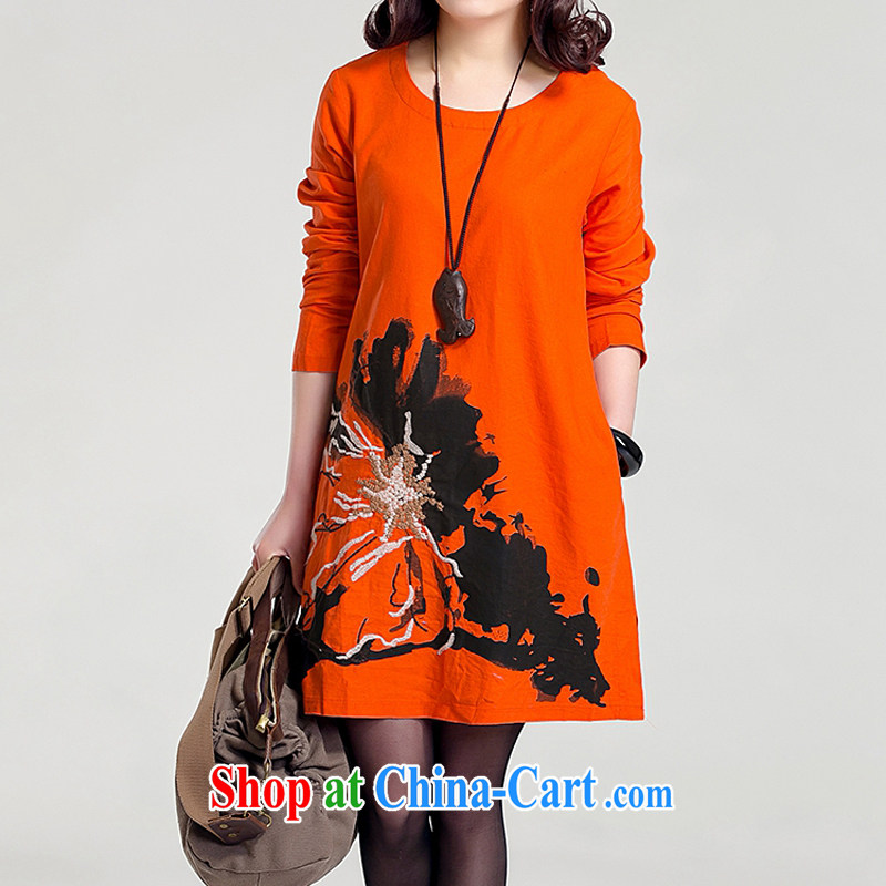 Singapore man standing 2015 new Korean version the code loose embroidered large flower basket the round-neck collar long-sleeved dress #6966 orange red XL 140 - 160 jack, diffuse and diverse, and shopping on the Internet