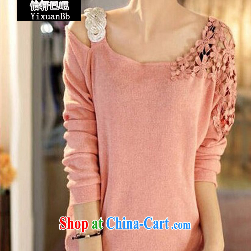 Yi Xuan, and autumn 2014 the new bare shoulders knit-Korean version hook take the shoulder sweater loose the code female woolen pullover pink XXL