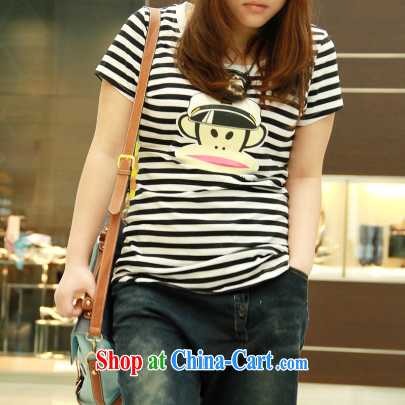 Drug addiction is the code female thick MM summer new ultra-large, female 200 Jack cotton striped short-sleeved T 101 black-and-white striped XXL