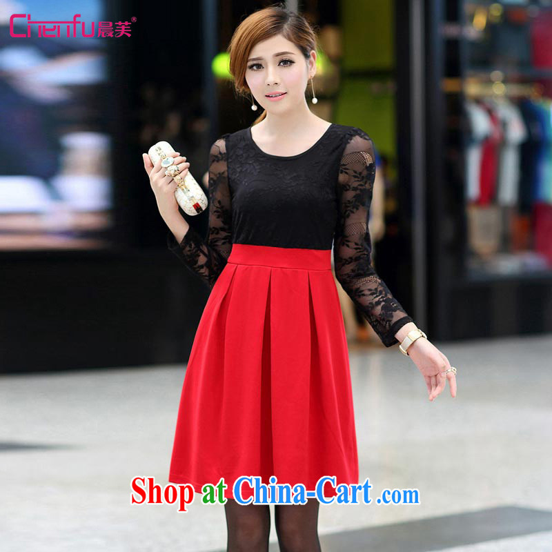 Morning would be the fat XL women mm thick 2015 spring new dresses beauty video gaunt waist lace long-sleeved knocked color lace black, red XL recommendations 120 - 135 jack