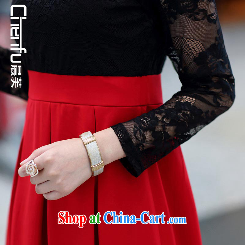 Morning would be the fat XL women mm thick 2015 spring new dresses beauty video gaunt waist lace long-sleeved knocked-color lace on the black and red XL recommendations 120 - 135 jack, morning, and shopping on the Internet