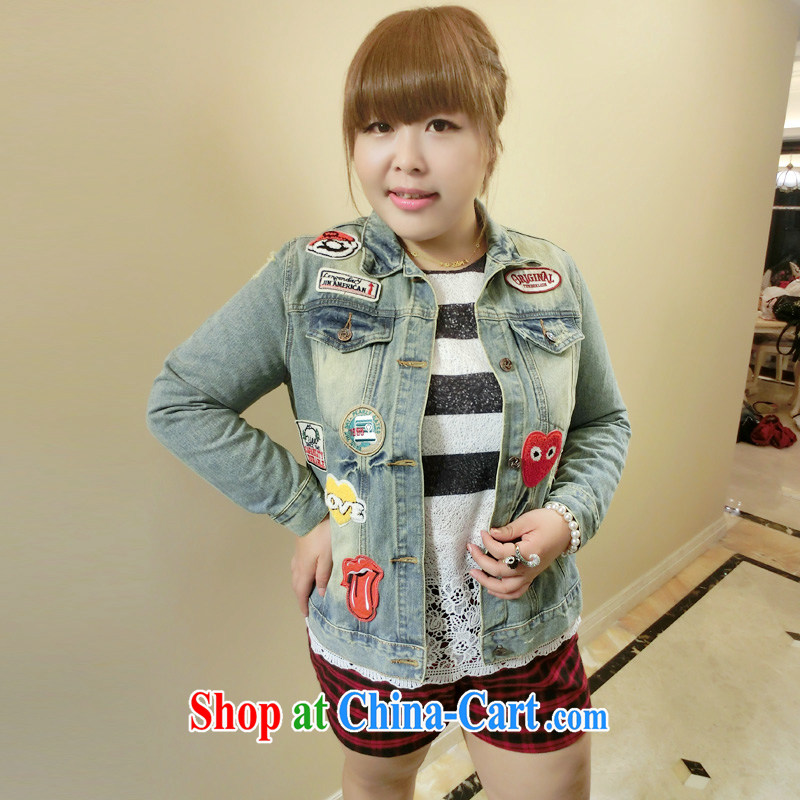 Yet the Addiction, female fat sister autumn 2014 the new Korean version retro badge denim jacket 1359 blue L