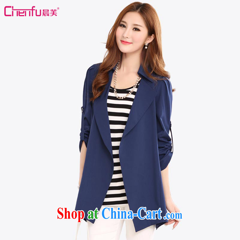 Morning would be 2015 spring new Korean version is indeed the XL female thick MM 100 ground temperament lapel graphics thin, long, wind jacket cultivating the T-shirt, blue 5 XL _175 - 190 _ jack