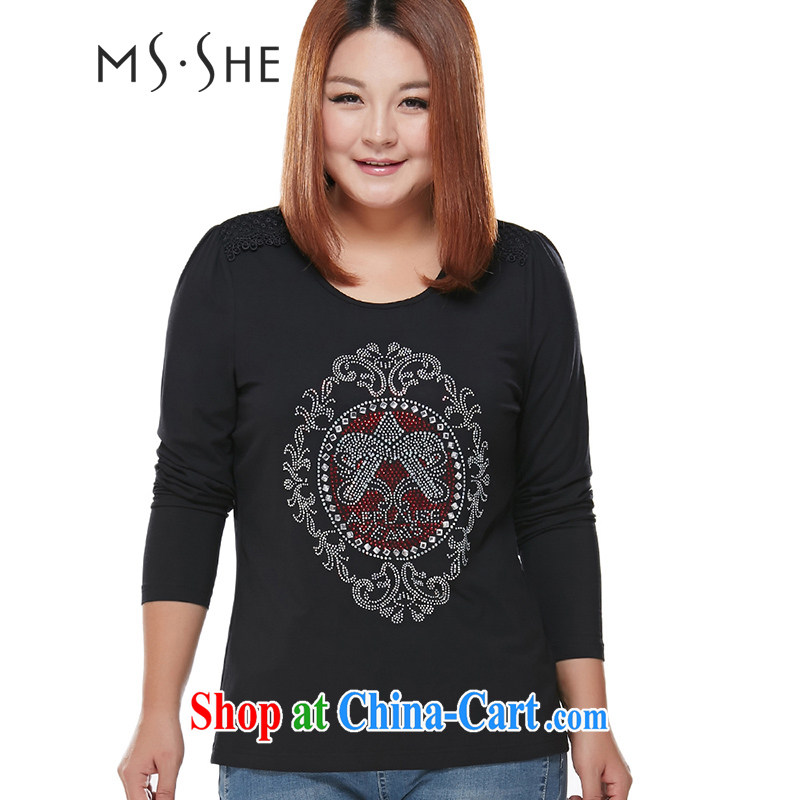 The MsShe indeed XL women 2015 spring new thick mm video thin round-collar solid long-sleeved T-shirt T-shirt 7655 black 4XL