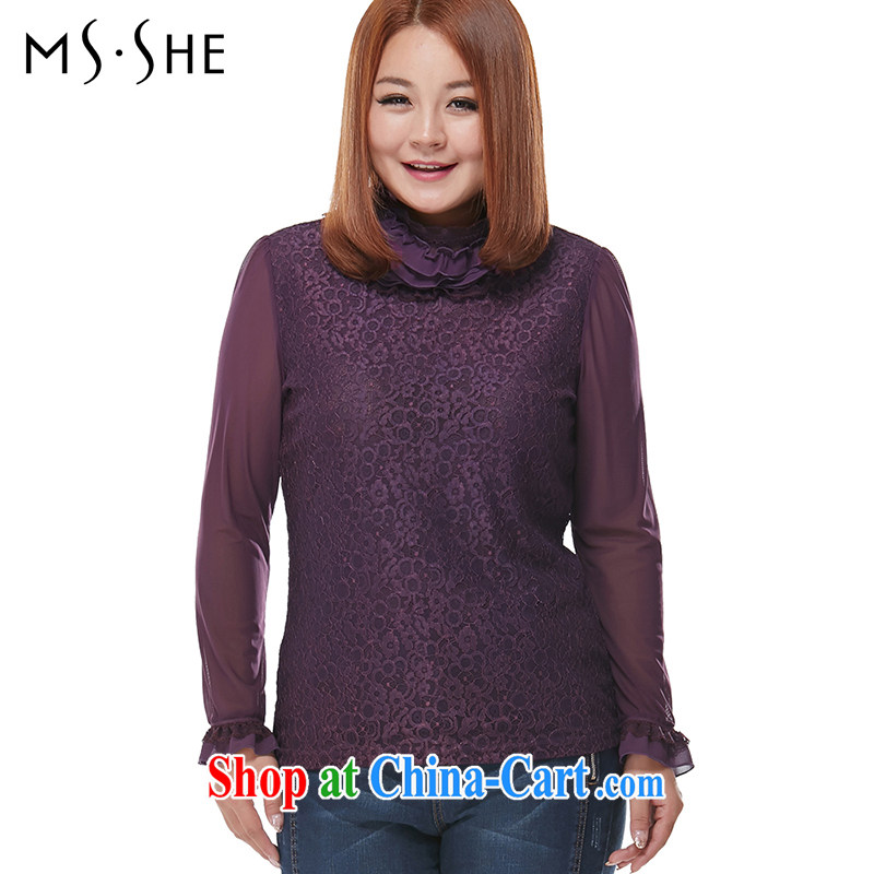 MsShe XL women spring 2015 new thick MM stretch T-shirt sweet high-collar snow woven shirts T pension 7682 purple 2 XL