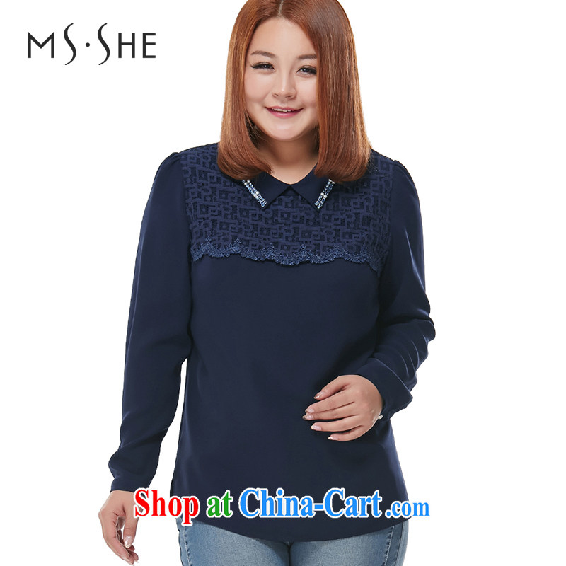 MSSHE XL ladies' 2015 spring sweet Mrs female shirt lapel long-sleeved T-shirt 7776 blue 2 XL