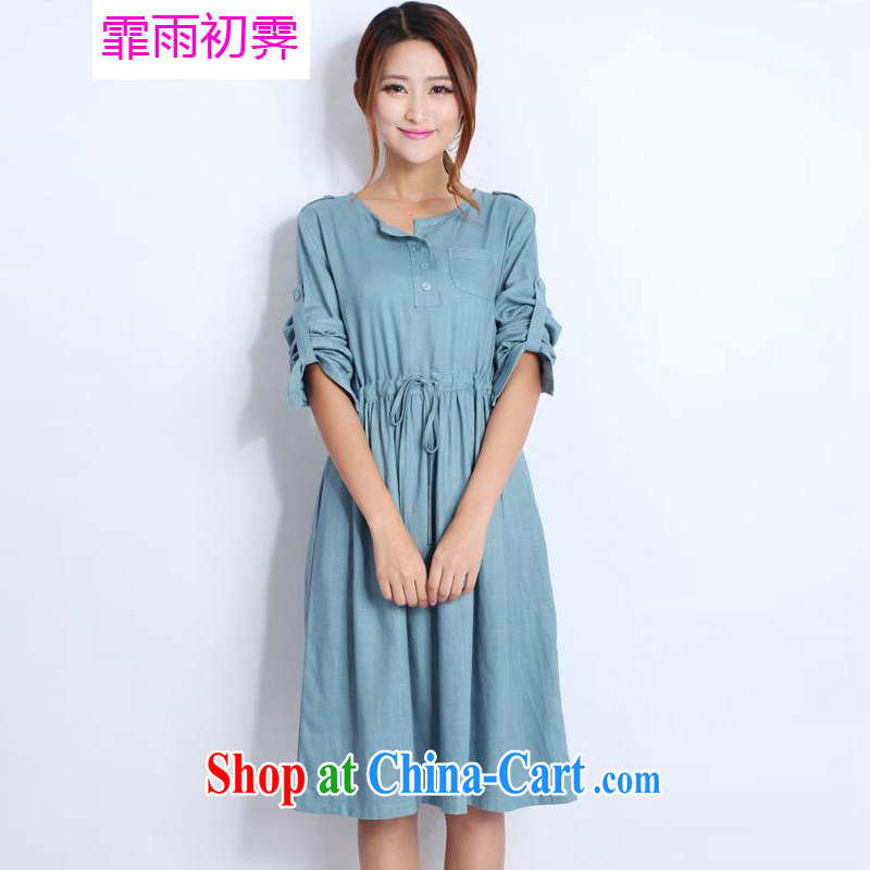 Onpress International Rain underglaze early spring 2015, the Code women the commission cotton long-sleeved dresses arts V collar, with linen clothes skirts B 063 blue XXL