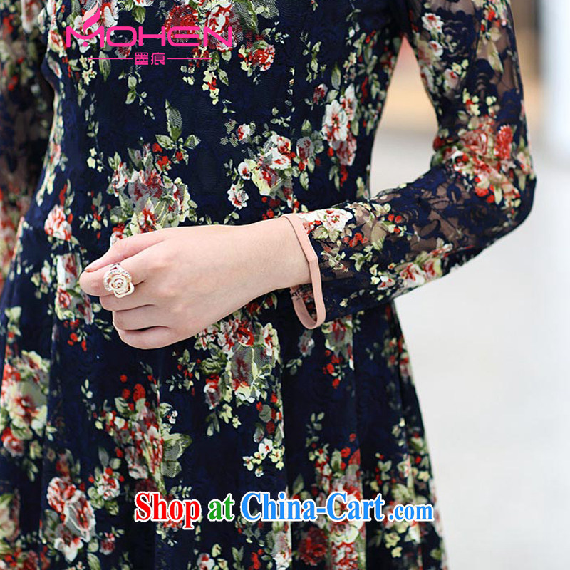 Scratches are present on the 2014 Autumn Festival, the Korean version is indeed the XL women mm thick middle-aged stamp long-sleeved lace graphics thin dress with a waist dress blue floral 4 XL (suitable for 165 - 180 jack), and the ink marks, and shopping on the Internet