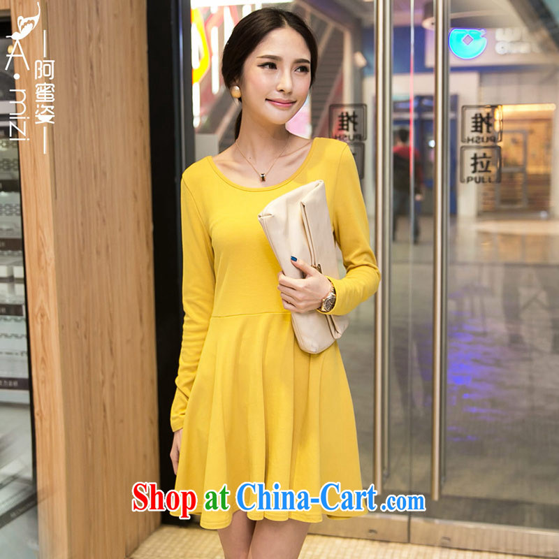 The honey and diverse thick mm maximum code female 100 to ground a solid color new Autumn with Korean round-collar long-sleeved solid dresses women 8721 yellow XXXXL, honey, and the Code women's clothing, and shopping on the Internet