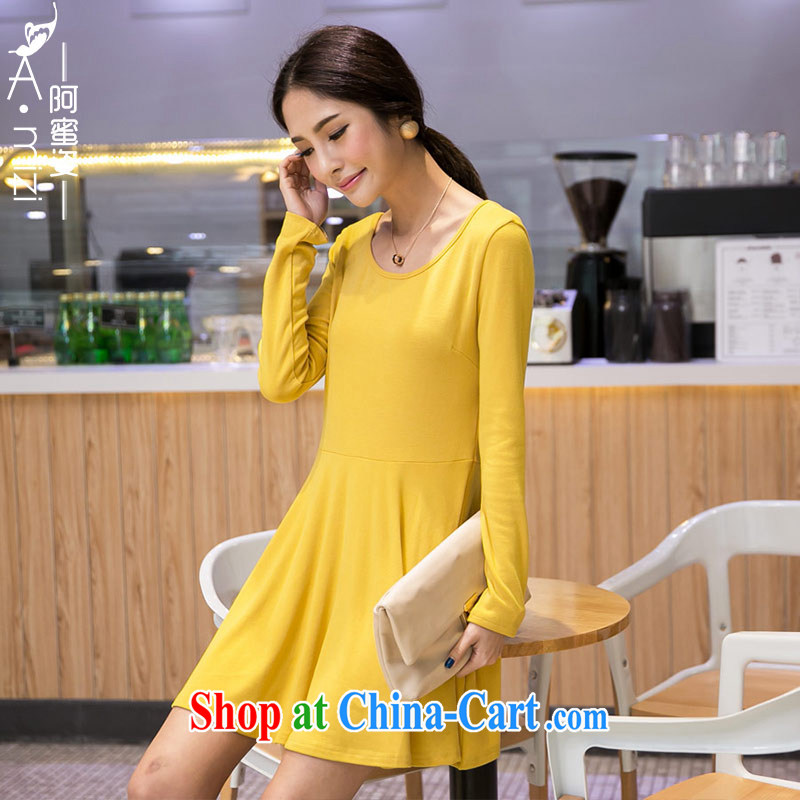 The honey and diverse thick mm maximum code female 100 to ground a solid color new Autumn with Korean round-collar long-sleeved solid dresses women 8721 yellow XXXXL, honey, and the Code women's clothing, and shopping on the Internet