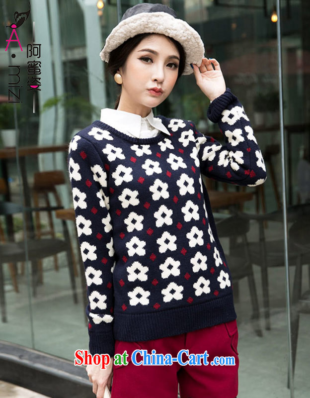 The honey beauty mm thick larger female new Autumn with big fan floral round-collar long-sleeved knit sweater girl 8722 blue white flowers XXXL