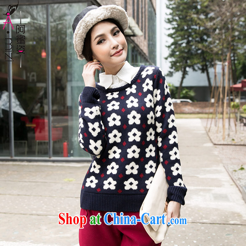 The honey and diverse thick mm maximum code female new autumn and replace the card fan floral round-collar long-sleeved knit sweater women 8722 blue white flowers XXXL, the honey, and the Code women, shopping on the Internet