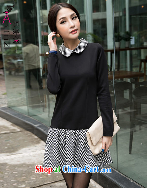The honey beauty mm thick larger female new Autumn with dot stitching temperament small lapel graphics thin long-sleeved dresses women 8944 black XXXXL