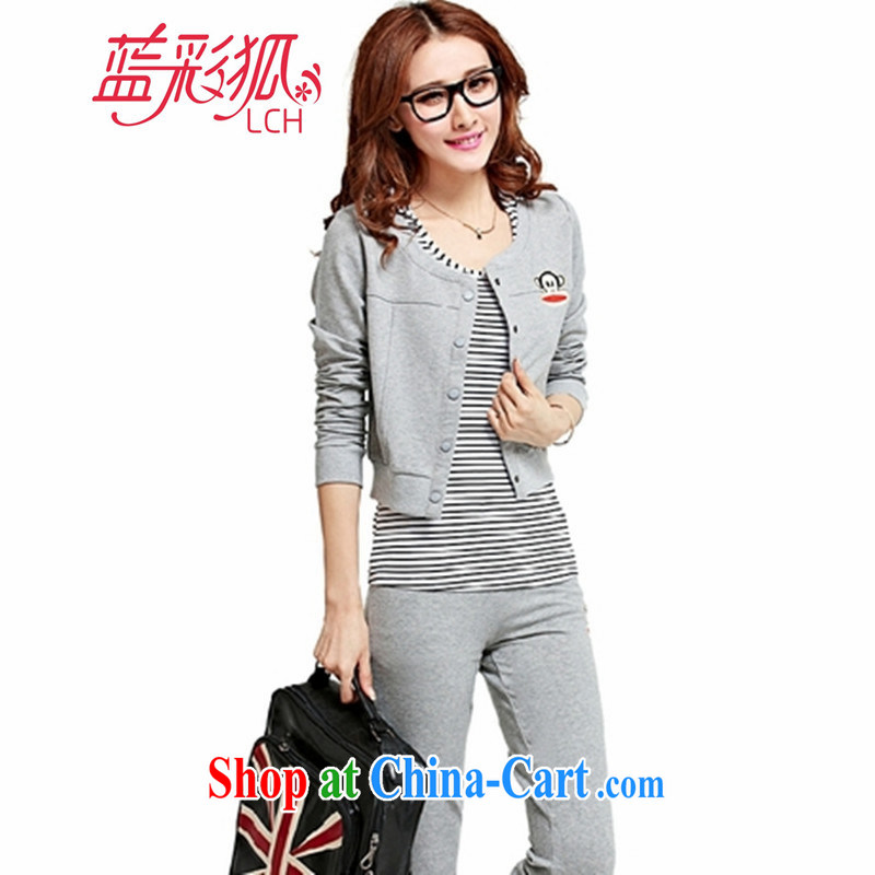 Blue Fox fall and winter new large code lady aura Korean fashion clothing and sports _ Leisure package click the snap streaks 3-Piece uniform gray XXL