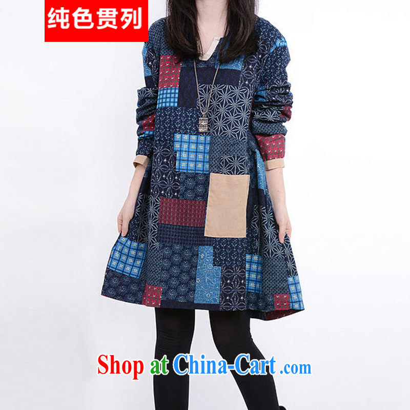 Pure color has always been the 2015 Spring and Autumn and new thick mm female larger leisure V collar stitching fancy long-sleeved dresses cotton Ma dresses red XXL