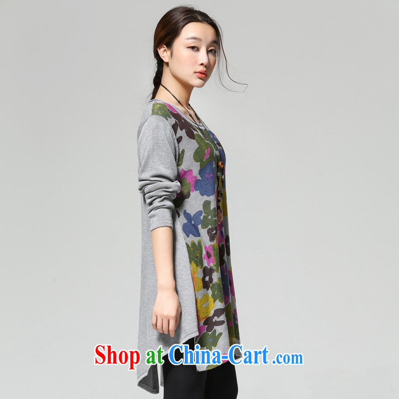 To coat the Mona Lisa, female literary and artistic temperament color stamp for pure cotton long-sleeved knit shirts sweaters QJY 3012 gray flowers are, for her clothes, and shopping on the Internet