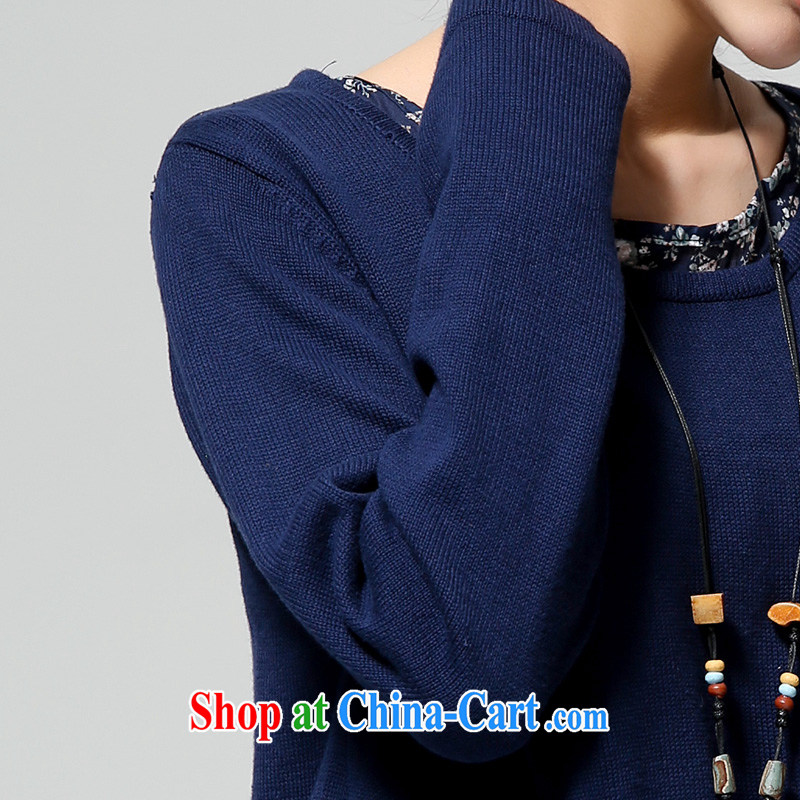 To Yi Sha 2014 autumn and winter, the larger female floral cotton stitching leave of two parts, long, knitted shirts sweaters QJY 8086 blue are code, for her clothes, and shopping on the Internet