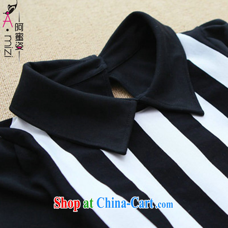 The honey beauty stylish thick mm larger female Autumn with new black-and-white striped lapel long-sleeved video thin shirt T-shirt women 9128 black XXXXL, honey, and, shopping on the Internet