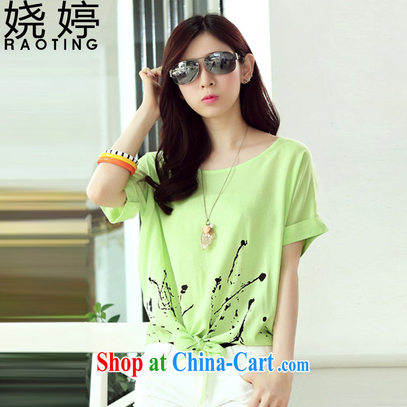Ting, 2015 new Korean fashion stamp larger female summer short-sleeve round neck graphics thin T pension women 6168 light green L