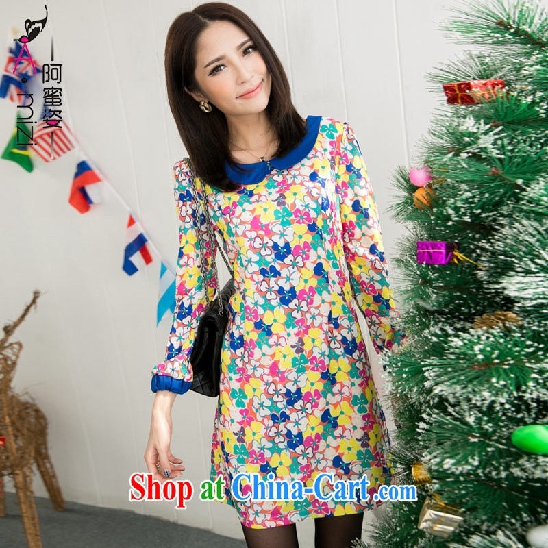 The honey colorful thick mm larger women 2014 new autumn and the Korean Hit color lapel fancy graphics thin dresses 8643 color flowers XXXXL, honey, and, shopping on the Internet