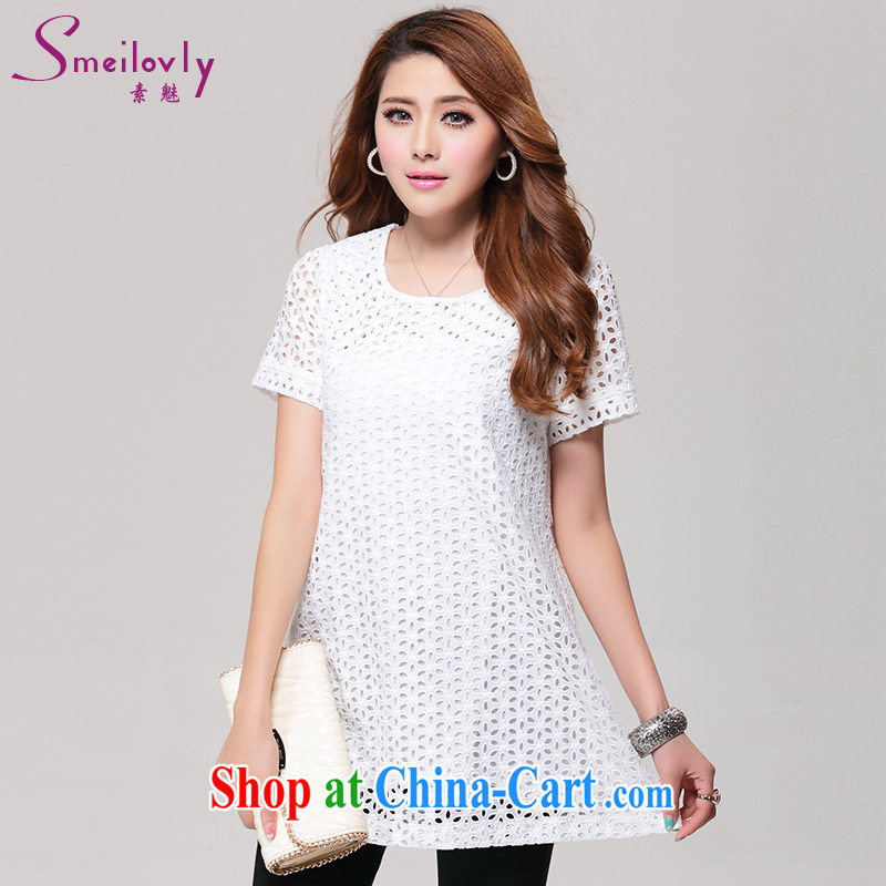 Staff of the fertilizer XL women mm thick summer Korean version check flower Openwork stylish thick sister short-sleeved dresses video thin S 2622 white 5 XL