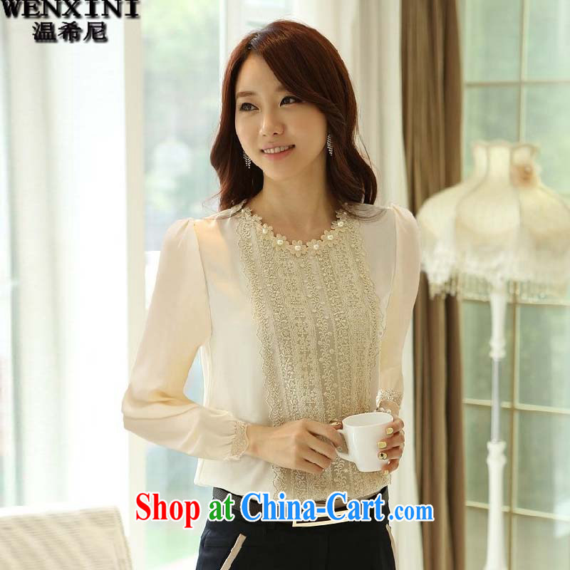 Wen The Greek, spring 2015 the code new Korean snow woven shirts lace long-sleeved T-shirt solid color T-shirt shirt female apricot XXL