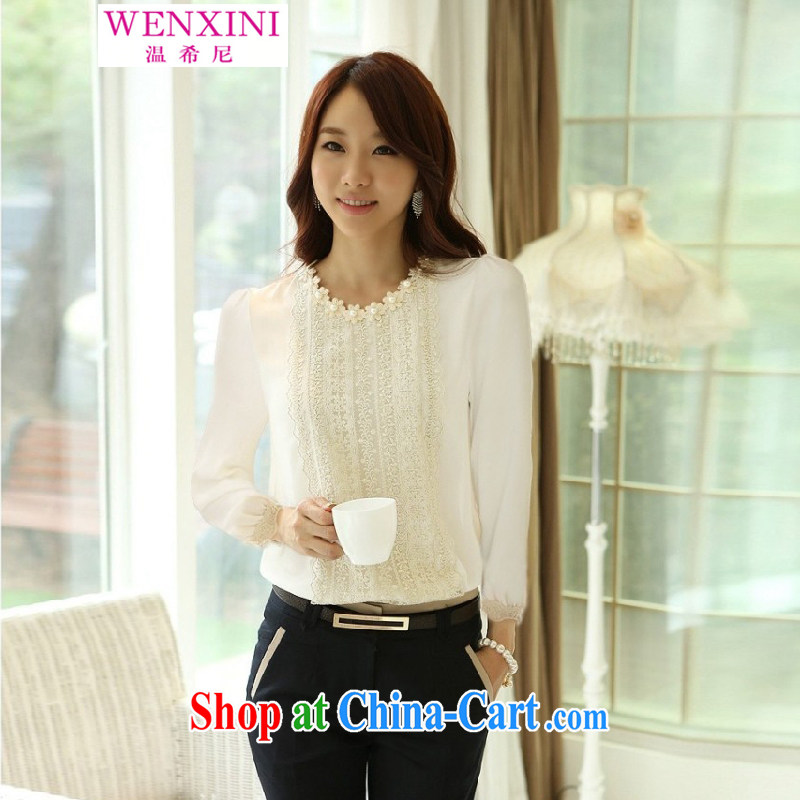 Wen The Greek, spring 2015, the new Korean snow woven shirts lace solid long-sleeved T-shirt T-shirt shirt female apricot XXL, temperature, and the Greek (WENXINI), shopping on the Internet
