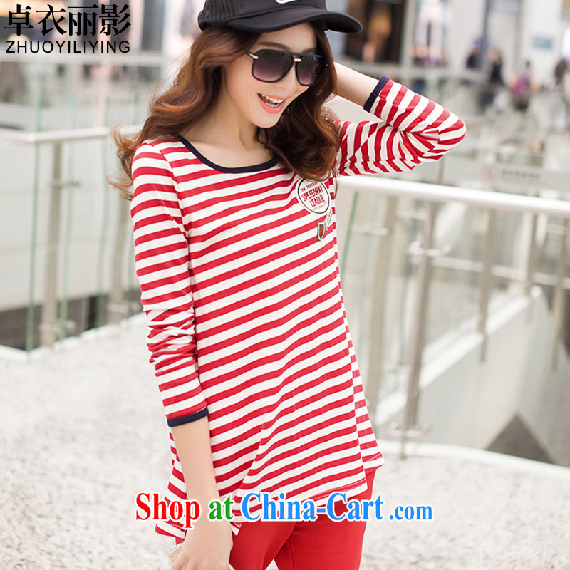 Mr Cheuk Yi Lai film 2015 spring new larger female striped round-neck collar loose long-sleeved leisure T pension package S 8128 streaks red XL for weight 115 - 130