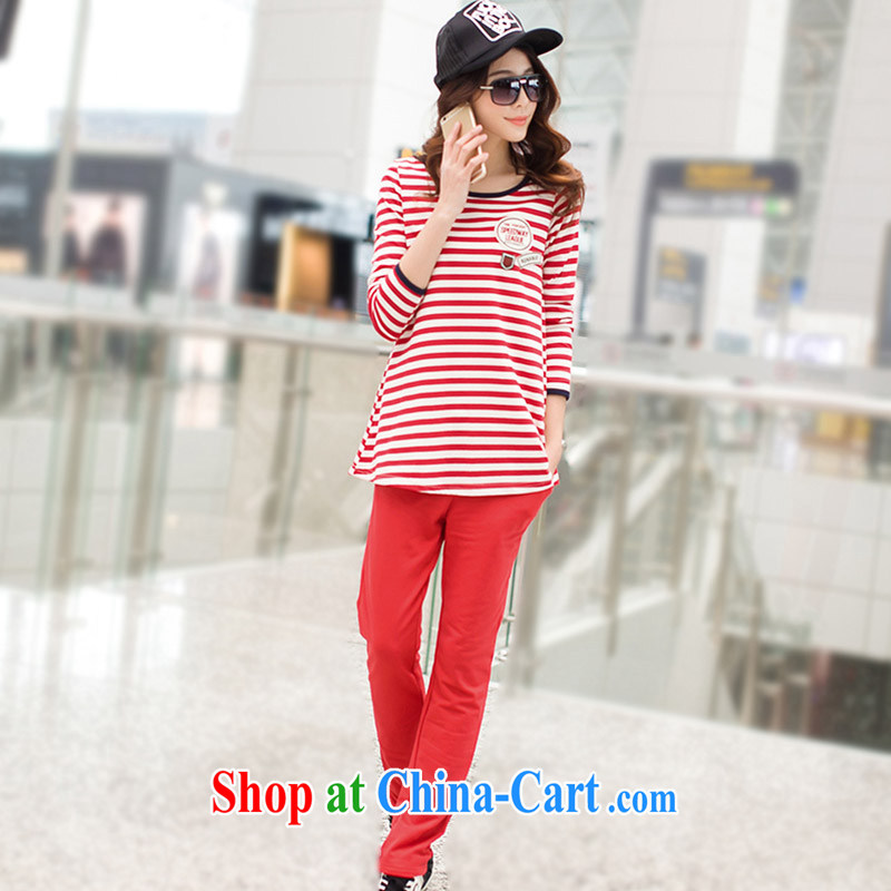 Cheuk-yan Yi Lai film 2015 spring new, larger female striped round-collar loose long-sleeved leisure T pension package S 8128 streaks red XL for weight 115-130, Cheuk-yan Yi Lai, and shopping on the Internet