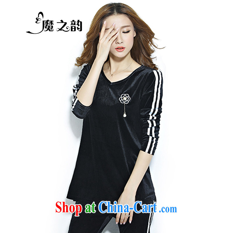 Magic of the autumn and the new, larger female thick MM long-sleeved video thin relaxed Leisure package Sport Kits T shirt + pants 87,123 high-quality black XXXL _general 155 - 170_