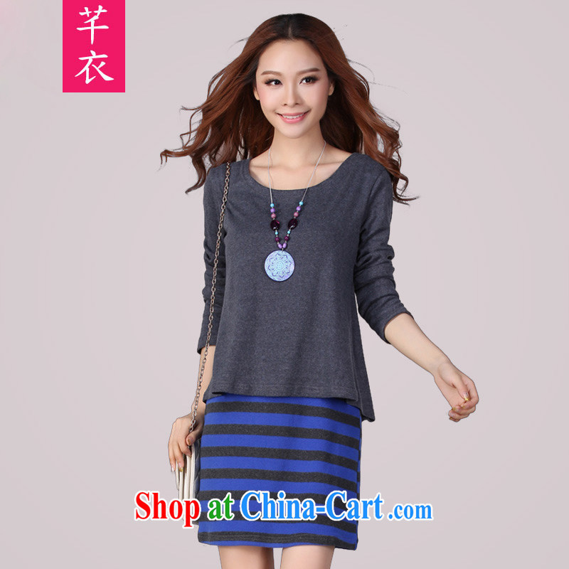 Constitution Yi XL female false Two stripes dress who was long-sleeved 2015 spring new Korean version thick sister casual dress simple lady commuter skirt gray 4 XL 175 - 190 jack