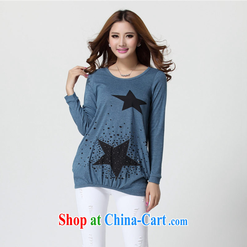 Thin (NOS) the fat and pregnant women with pure cotton stamp loose video slim, long-sleeved shirt T solid shirt D 9601 blue 4 XL 220 Jack the following through, thin (NOS), online shopping